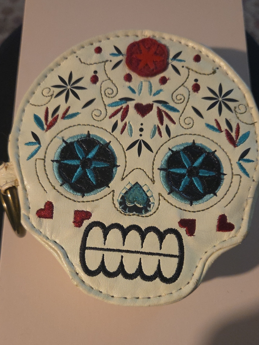 Loungefly White Sugar Skull Card & Key Holder with Teal and Red Embroidery
